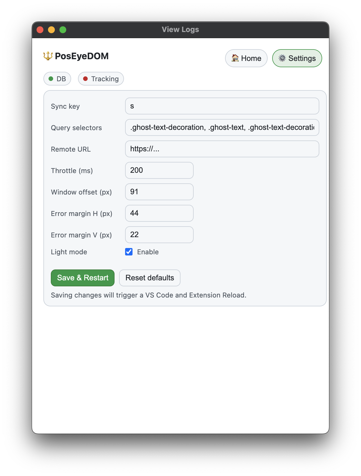 PosEyeDOM settings screen.